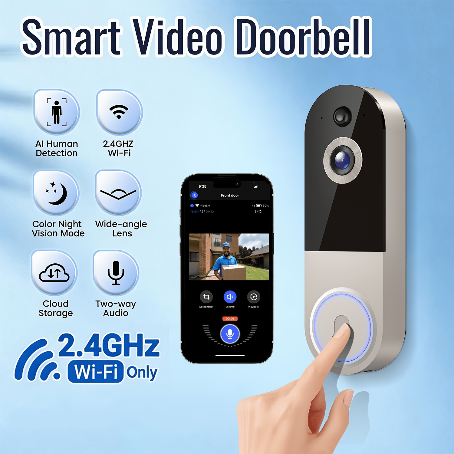 TEMU 2pcs/1pc 1665p Wireless Doorbell Security Camera, 166° Panoramic View, Video Doorbell, Level Night Vision Automatic Tracking, Supports