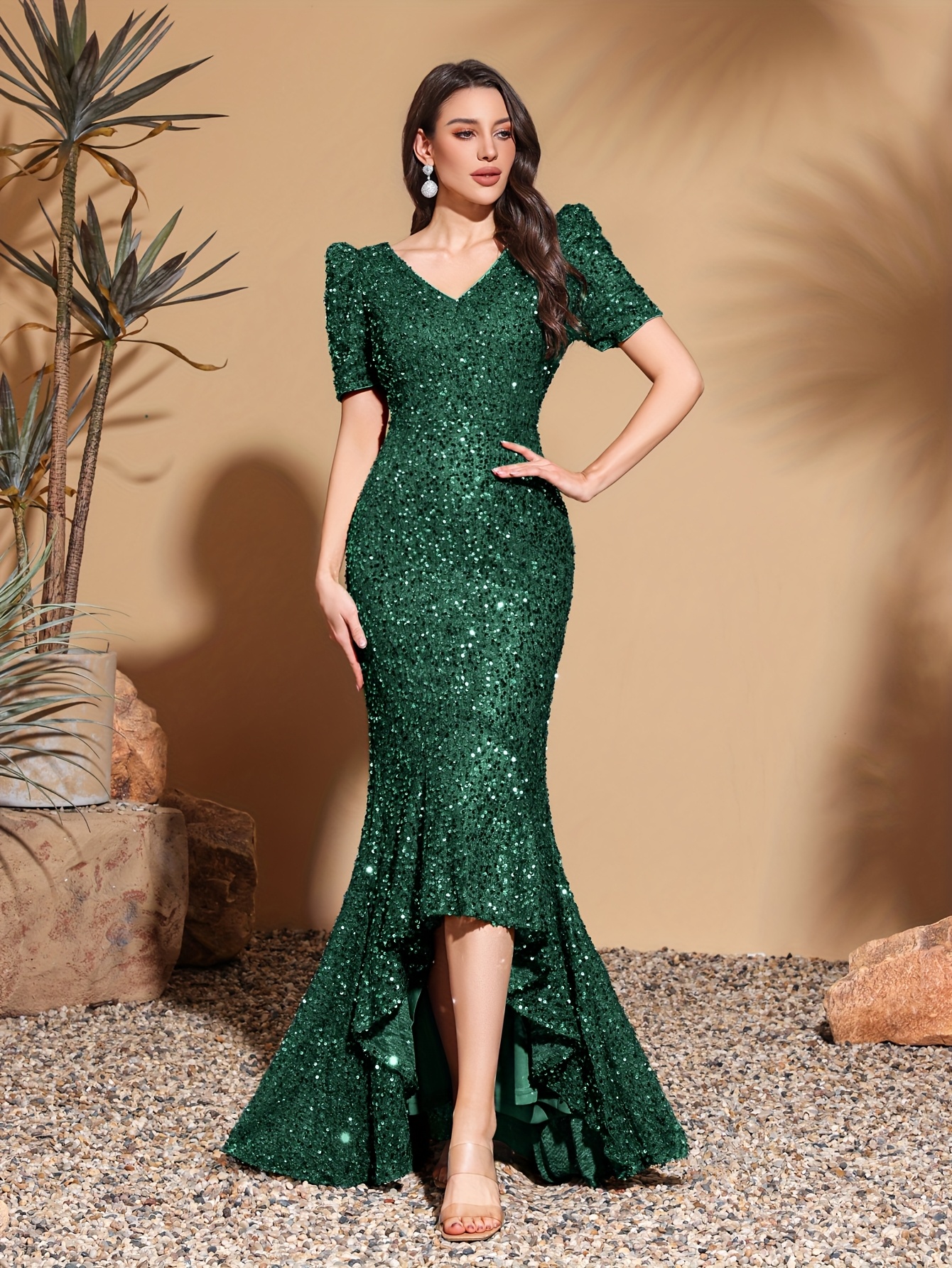 elegant sequin v neck midi dress bubble sleeves asymmetrical