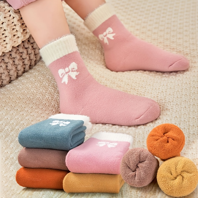 Image of 5-pair Children's Socks With Bow, Terrycloth Fashion Thickened -lined Warm Fabric Socks, New Autumn/winter Mid-calf Socks For Boys And Girls, Floor Socks For Daily Wear