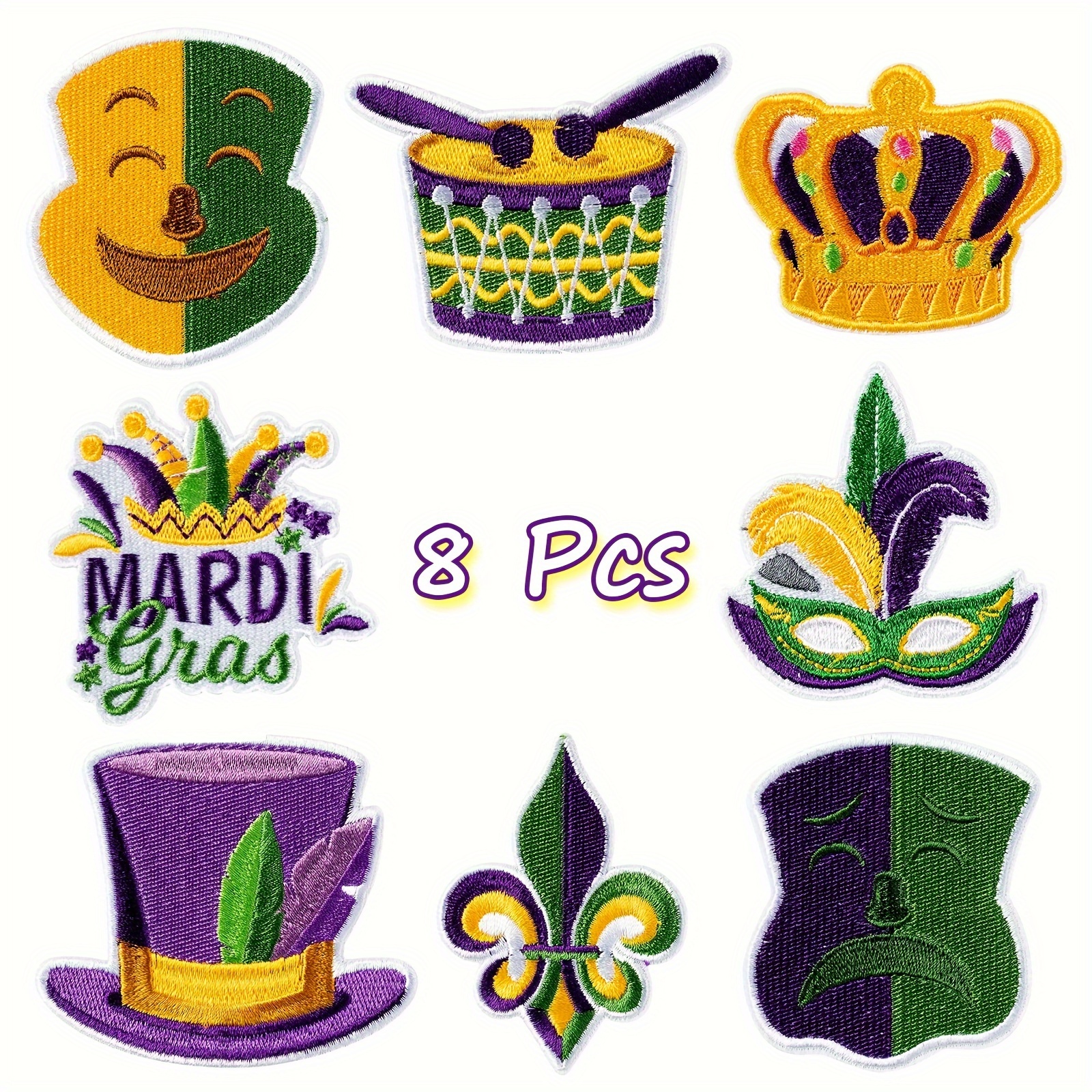 

8pcs Mardi Gras Iron-on Patches - Vibrant Appliques For Clothing, Hats, Backpacks & More!