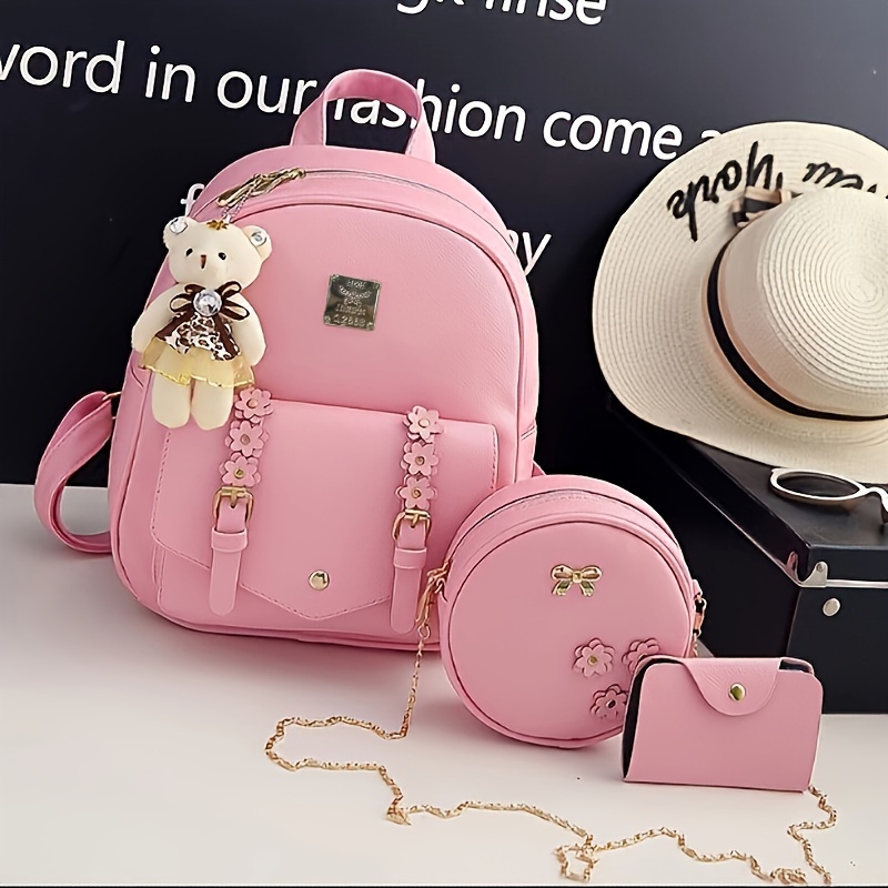 

3pcs/set Kawaii Cute Pink Backpack, Small Travel Daypack, Women' Handbag, Shoulder Bag & Purse