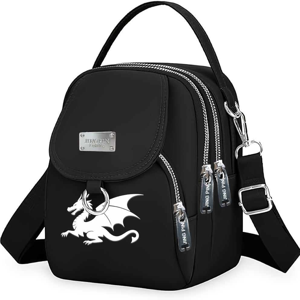 TEMU 1pc Women's Nylon Crossbody Bag With Dragon Print - Adjustable Strap & Zipper Closure, Small Square Purse For Parties/casual Outfits, Durable &