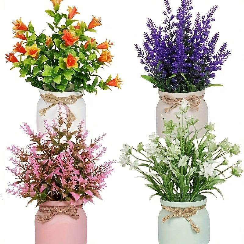 

4pcs Artificial Potted Flowers, Artificial Plant Lavender, Plastic Flower Potted Landscape Suitable For Indoor And Outdoor Home Kitchen, Office Desk, Wedding Decoration.