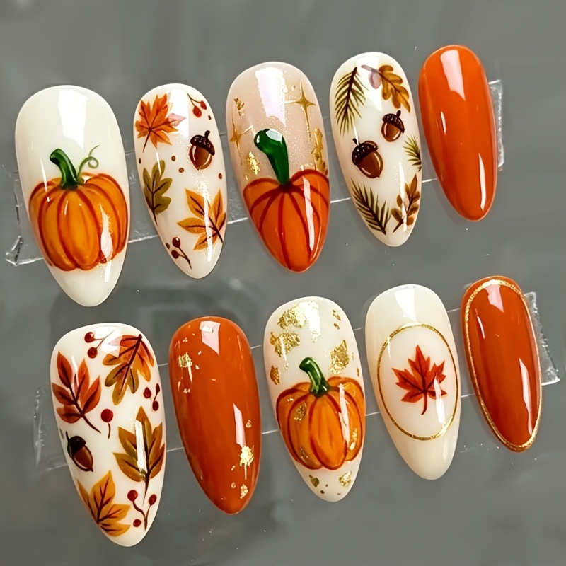 30pcs 30pcs almond shaped press on nails suitable for hands feet 3d pumpkin maple leaf   false nail tips with glossy fall nail decorations for halloween thanksgiving fall parties no   application