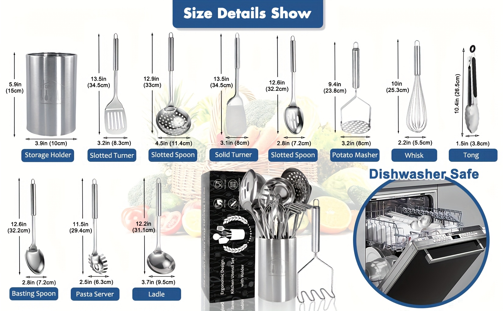 11pcs stainless steel kitchen utensils set with storage bin heat resistant metal spatula set cooking utensils with turners masher skimmer spoons ladle tongs whisk Product details 3