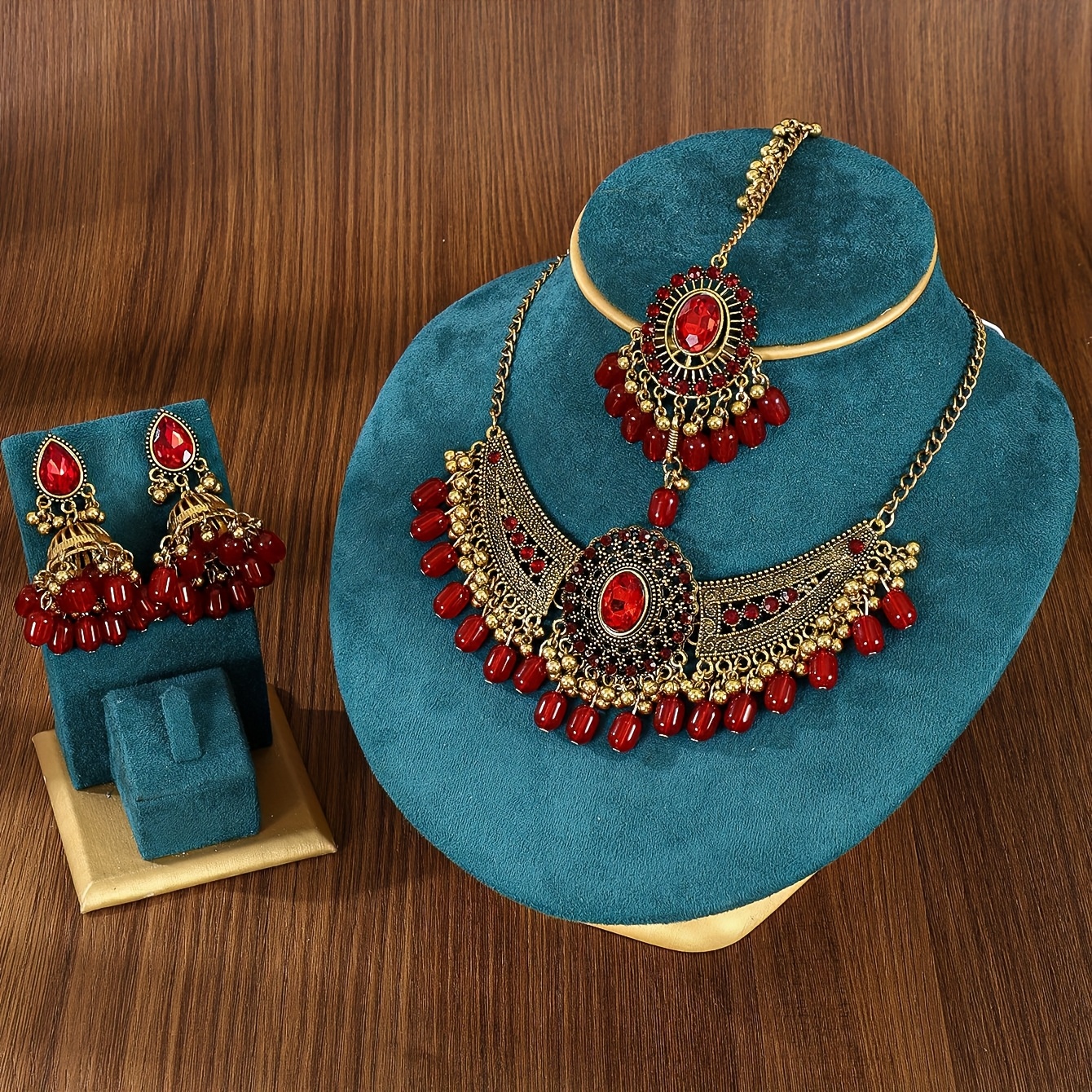 TEMU Indian Vintage Tassel Head Chain, Metal Wing Necklace & Earrings Set - 3pcs Statement Jewelry For Women, Wear, Everyday & Formal Events
