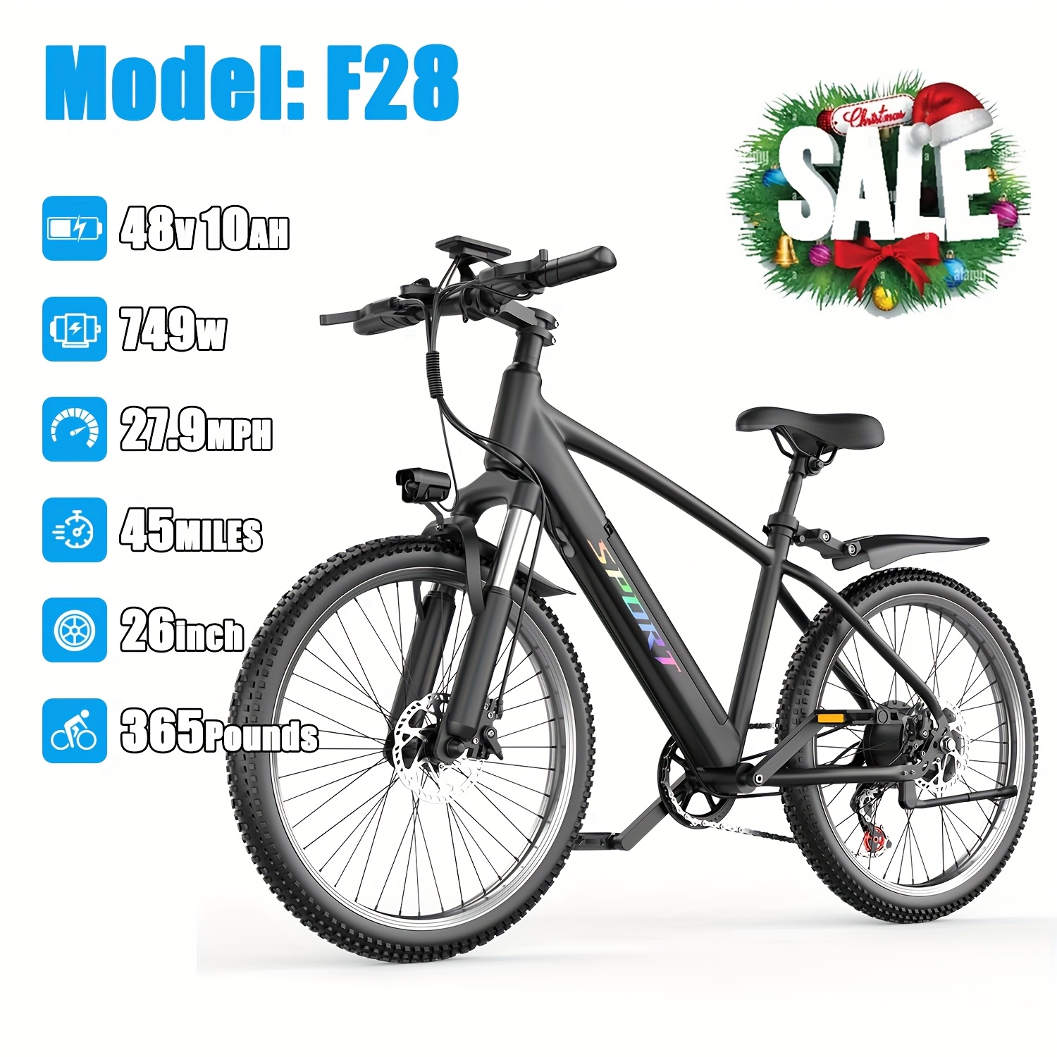 TEMU F28-749w Bike, 26" Tire 45 Miles Electric Bike, 48v 10.5 Internal Battery (removable), 27.9mph, Electric Mountain Bike , Professional
