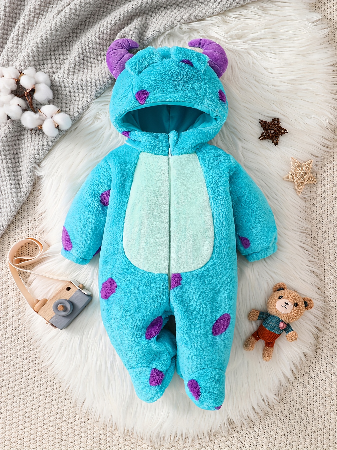 Cute Plush Onesie for Baby Girls with Footed Design, Perfect for Autumn And Winter, Featuring a Cartoon Monster Theme Inspired by Sulley for Warmth And Comfort, for Outdoor