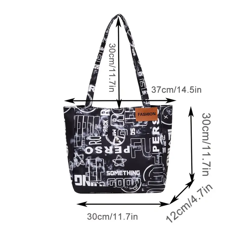 1pc steampunk style oxford cloth tote bag fashion shoulder bag with fixed straps foldable with magnetic closure polyester lined large capacity graffiti letter print shopper details 0