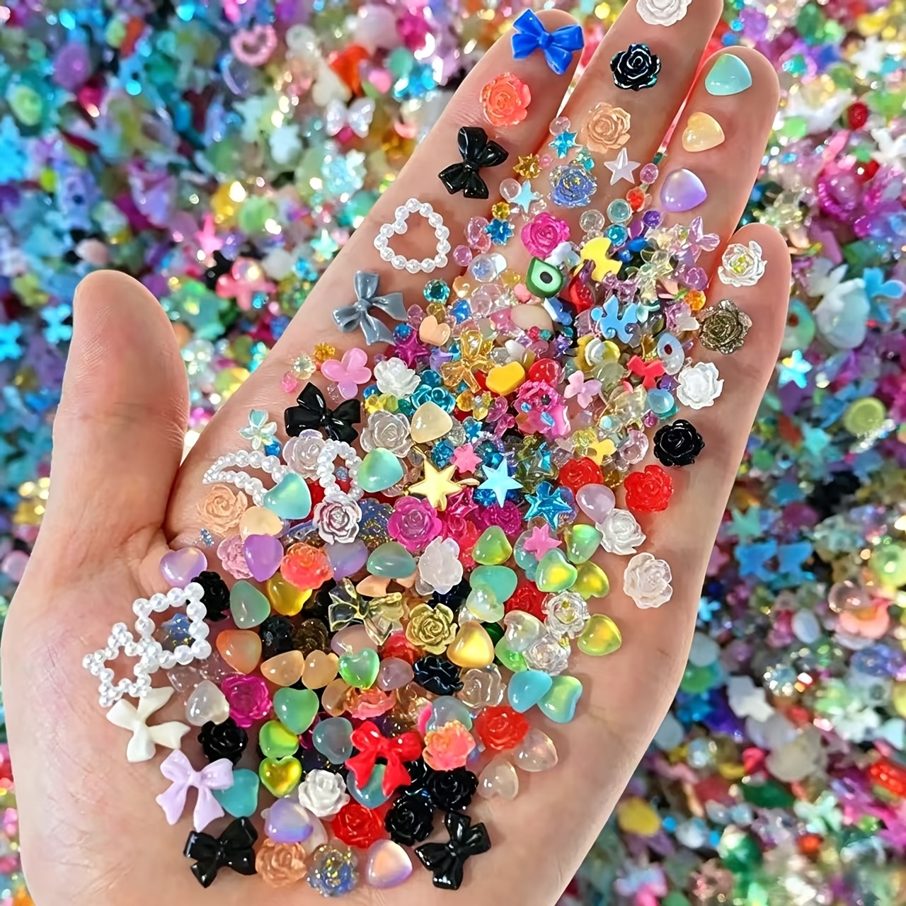 TEMU 250pcs 250pcs Resin Flatback Nail Gems Suitable For Nail Art Diy Crafts, 3d Mixed Color Rhinestone Decorations With Hearts, Flowers, Bows, Bowls