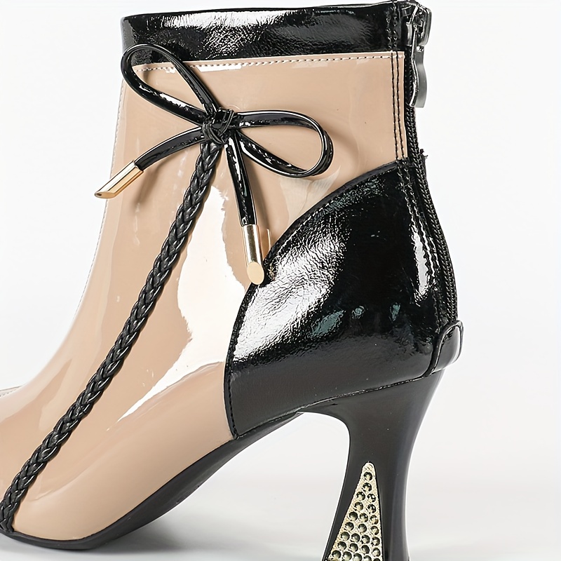 Women's Stylish Color-Block Heeled Ankle Boots | Pointed-Toe Block Heel, Irregular Heel with Bow Accent, Back Zip Retro Vibe | Perfect for Daily & Party Wear.