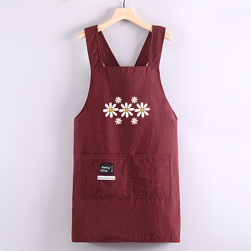 TEMU 1pc Taslon Apron In 4 Colors White Daisy Flower Cluster Print With 2 Pockets Crossbody Strap Design Suitable For Such As Office Work, Painting,