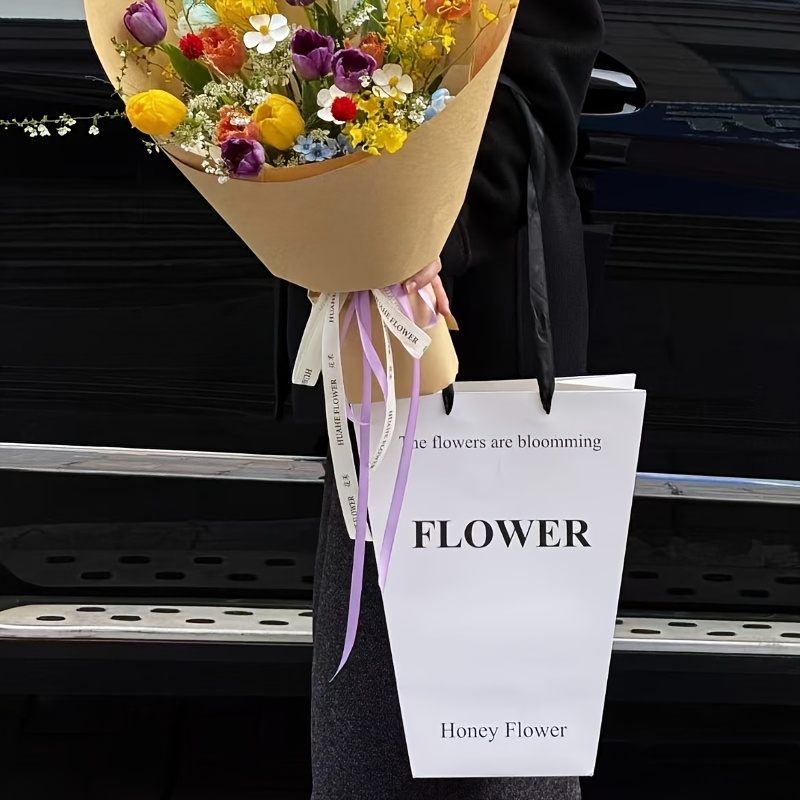 TEMU 6pcs Set Of Fresh Flower Tote Bags, Trapezoidal, New Internet-famous Style, Valentine's Day Floral Packaging Gift Bags, Packaging Gift Bags