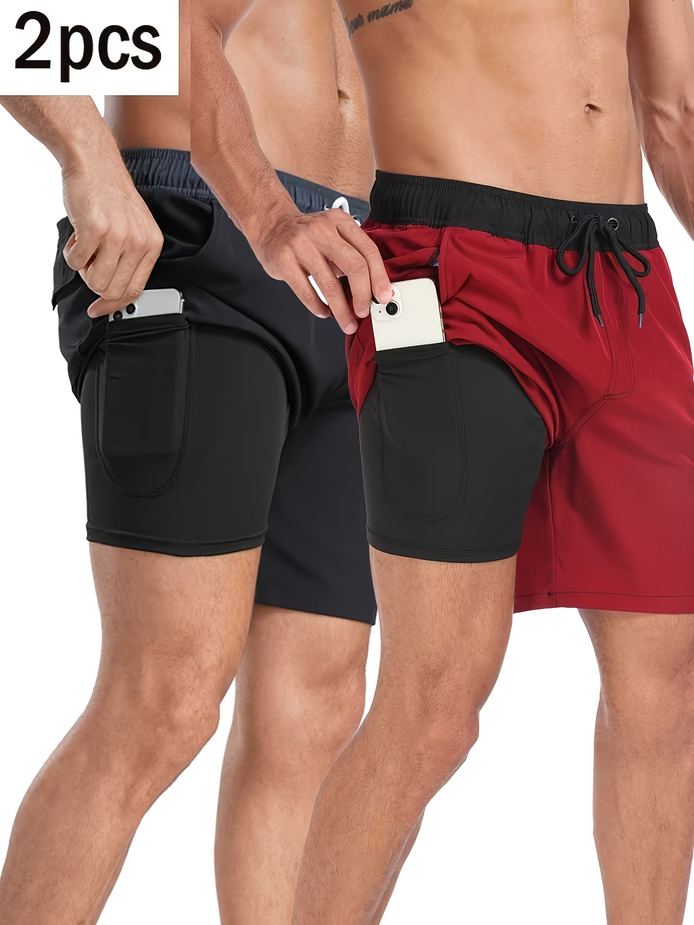 Set of 2 Men'S Casual Sports Shorts, Solid Color Double-Layer Beach Shorts for Fitness, Basketball, And Volleyball