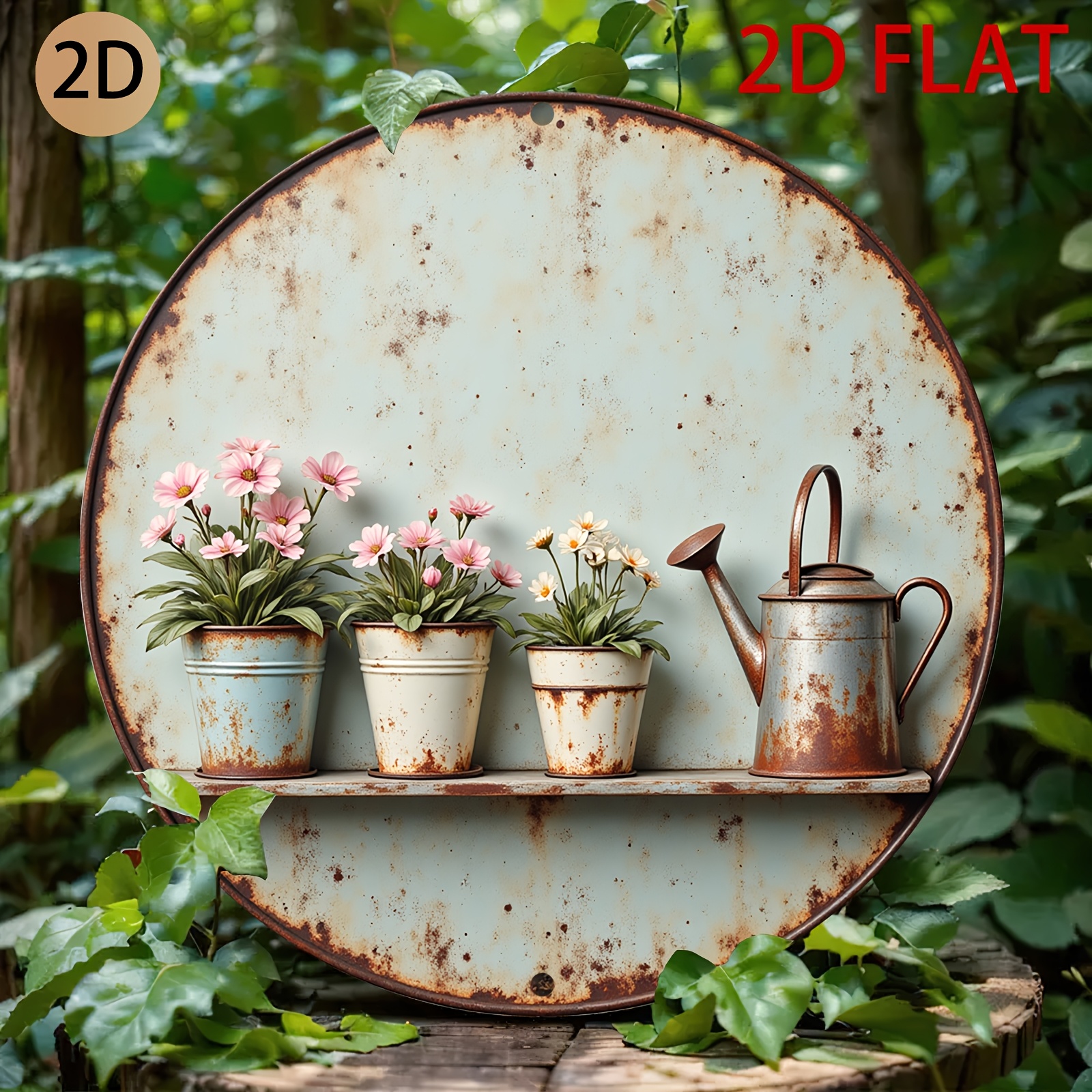 Image of 3d Effect Rustic Circular Metal Wall Art With Flower Pots And Watering Can Garden Themed Decor For Home Or Patio, 2d Flat, Perfect For Room Decor