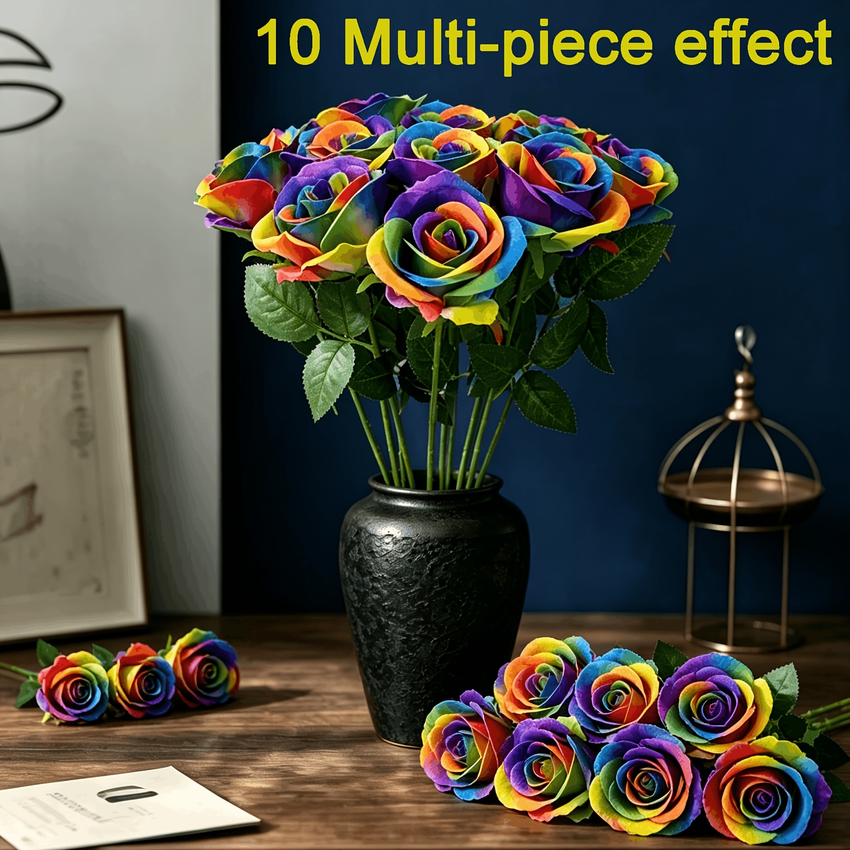 TEMU Lot de 10 roses artificielles multicolores avec feuilles réalistes et longues tiges - Convient pour décoration, centre de table, accessoires