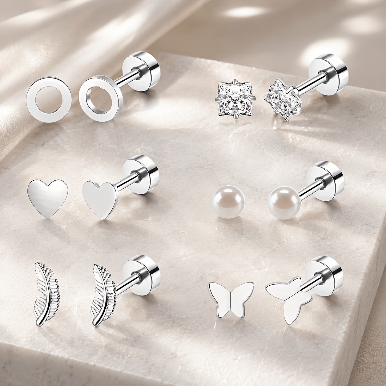 TEMU Juego de 6 de aretes de acero quirúrgico de múltiples estilos, a y exquisitos, para mujer, aretes perforados hipoalergénicos de 20G con base ,