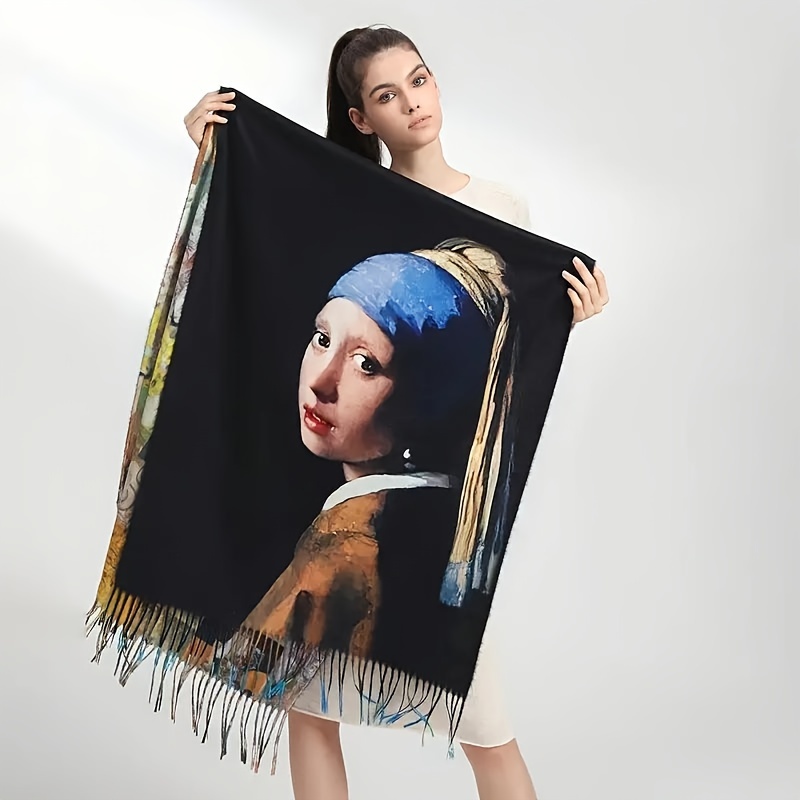 TEMU Vintage Van Gogh Art Printed Scarf, Classic Oil Painting With Tassels, Large Shawl For Casual Outdoor , Decorative Rectangular Scarf