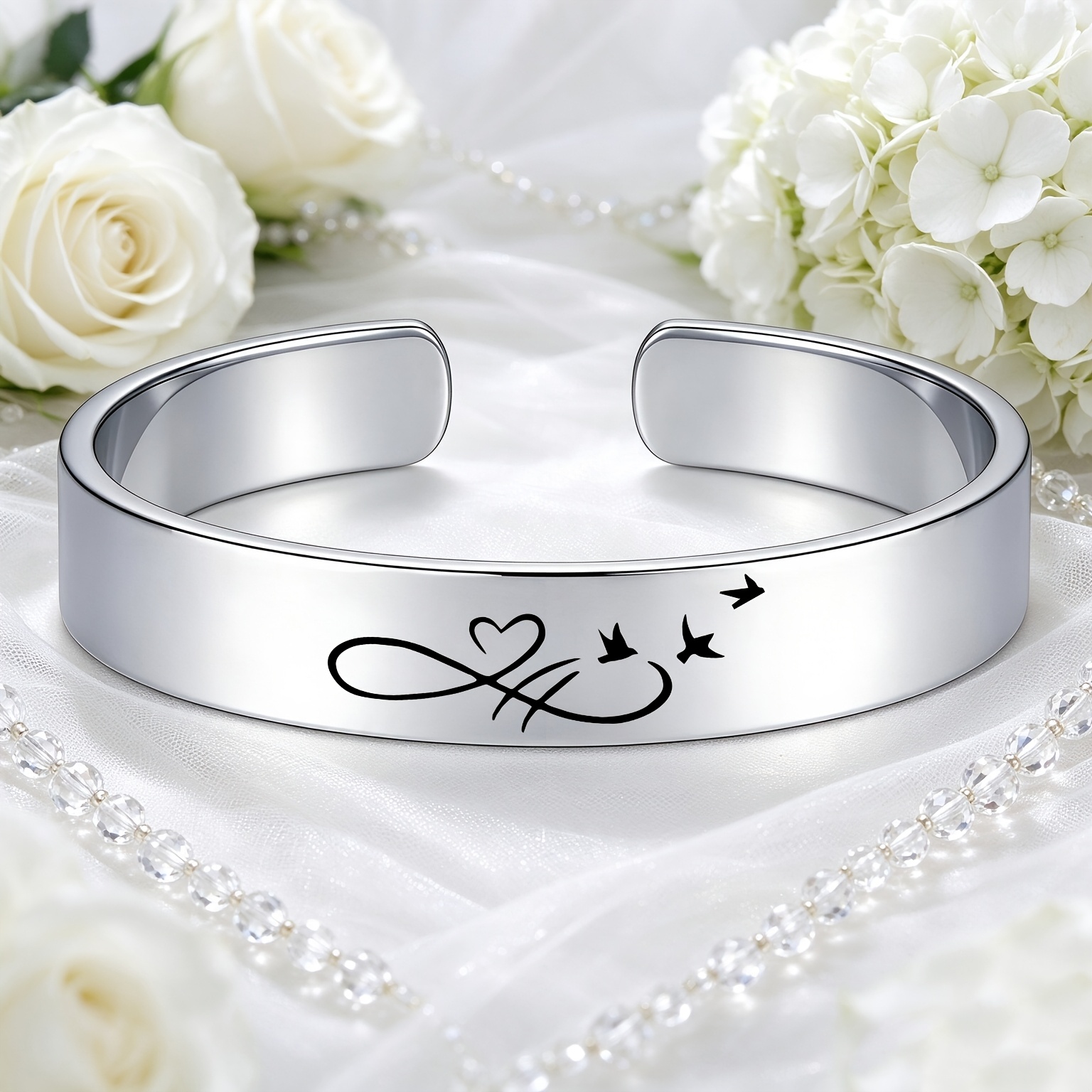 Infinity Symbol Heart Silhouette 304 Stainless Steel Open Bangle