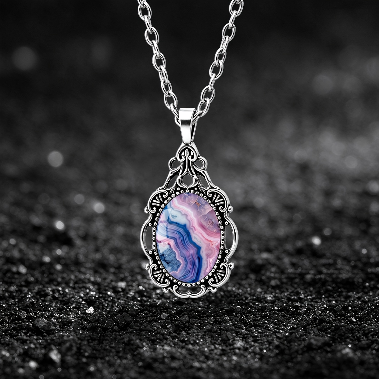 Pink-Purple Blue Agate Texture Oval Glass Pendant Necklace
