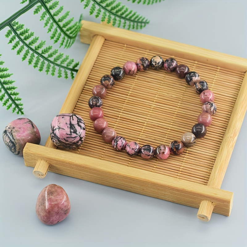 

Unisex Preppy Sporty Natural Stone Bead Bracelet - Elastic Stretch Rhodonite Gemstone Bracelet, No Plating - Stylish Daily & Vacation Accessory, Perfect For Thanksgiving & All-season Gift