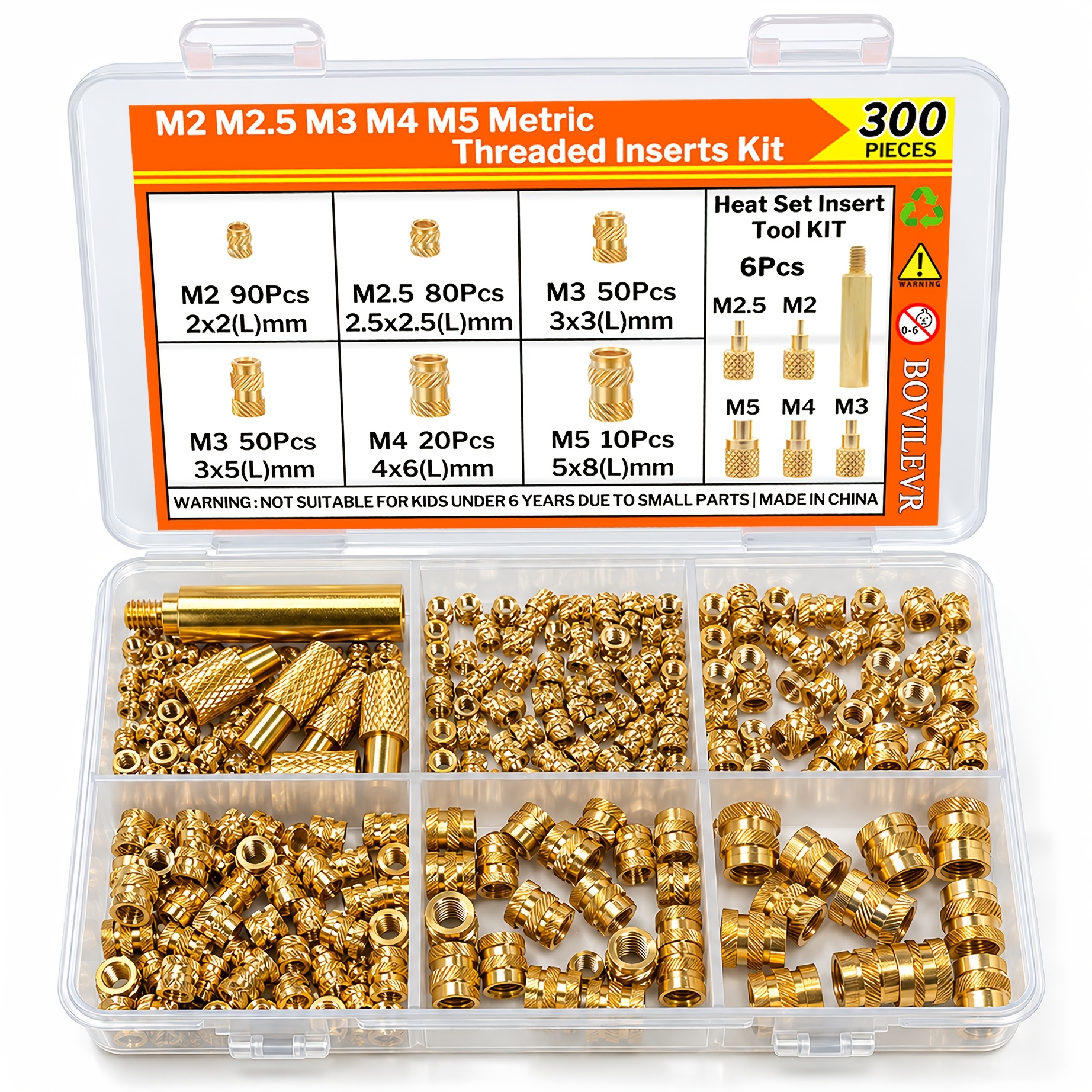 TEMU 300+6pcs M2 M2.5 M3 M4 M5 Inserts Filetés en Laiton Premium, Kit d'Assortiment d'Écrous Moletés en Laiton Métrique, avec Outil d'Insertion