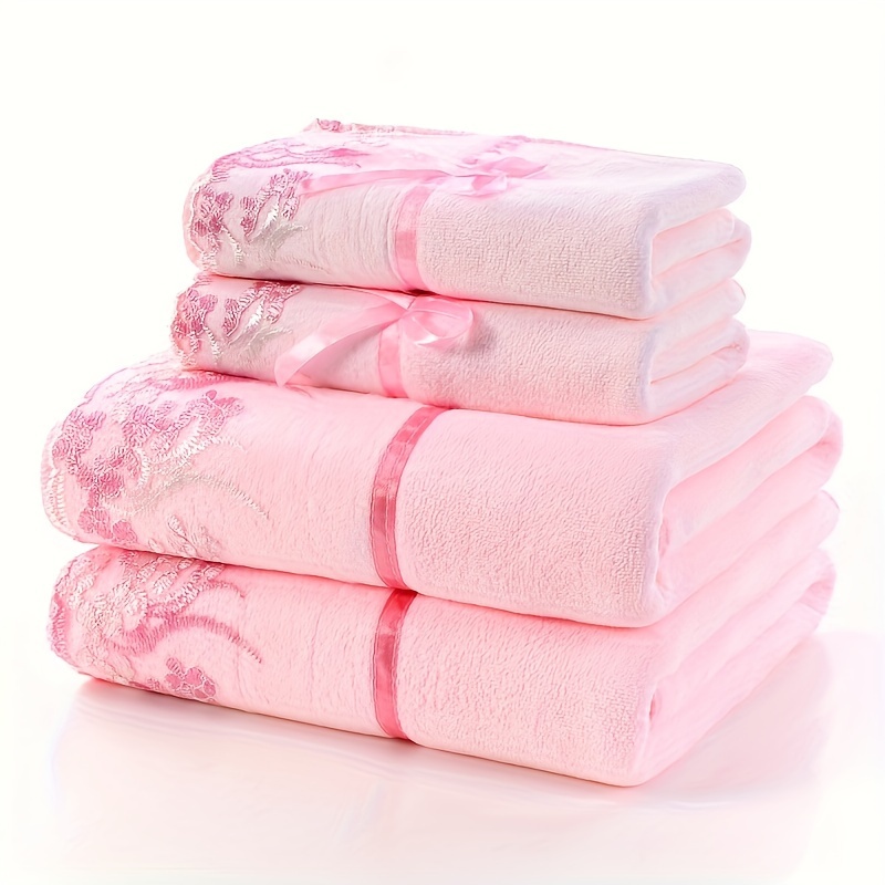 

4pcs Soft Lace Embroidery Towel Set - Absorbent Bath Linen For Bathroom - Includes 2 Bath Towels And 2 Hand Towels - Ideal Bathroom Supplies And Accessories