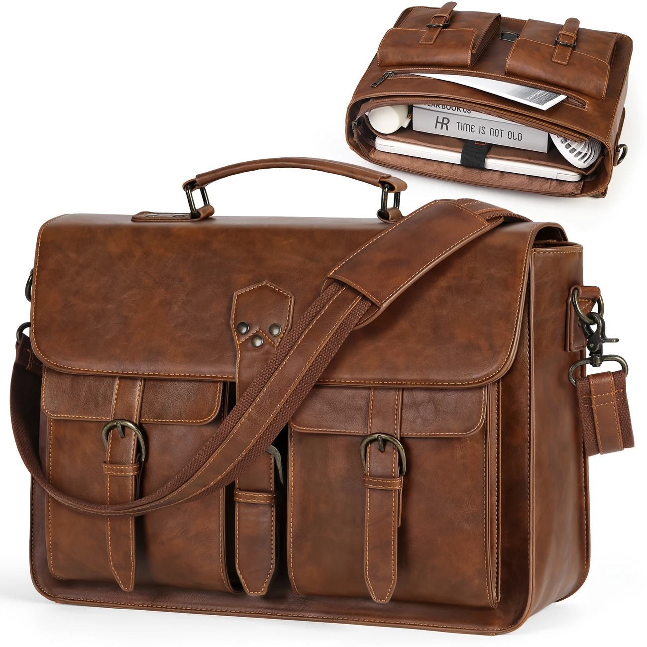 messenger bag for men 18 inch vintage synthetic synthetic leather laptop briefcase large laptop bag satchel bag computer shoulder bag for office work travel college brown details 1