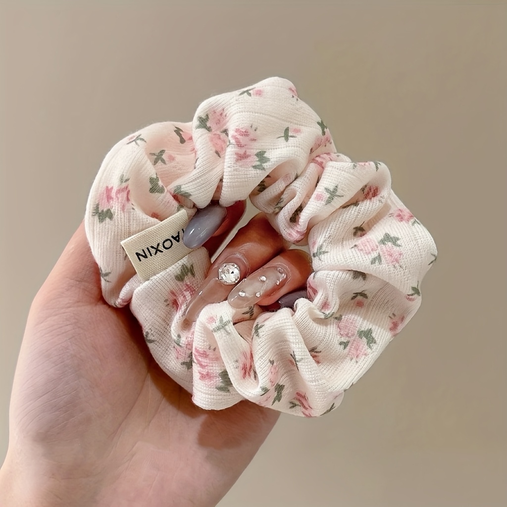 Pink Floral Scrunchie, Gentle Korean High-end Ponytail Hair Tie Hair Accessory