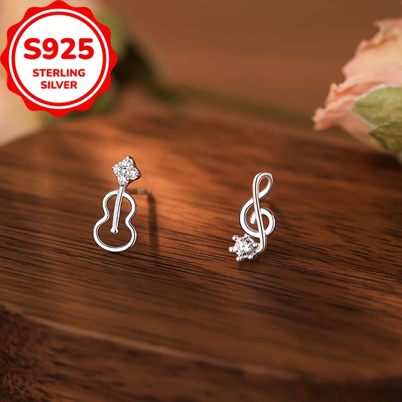 Women's S925 Silver Violin Note Asymmetrical Stud Earrings