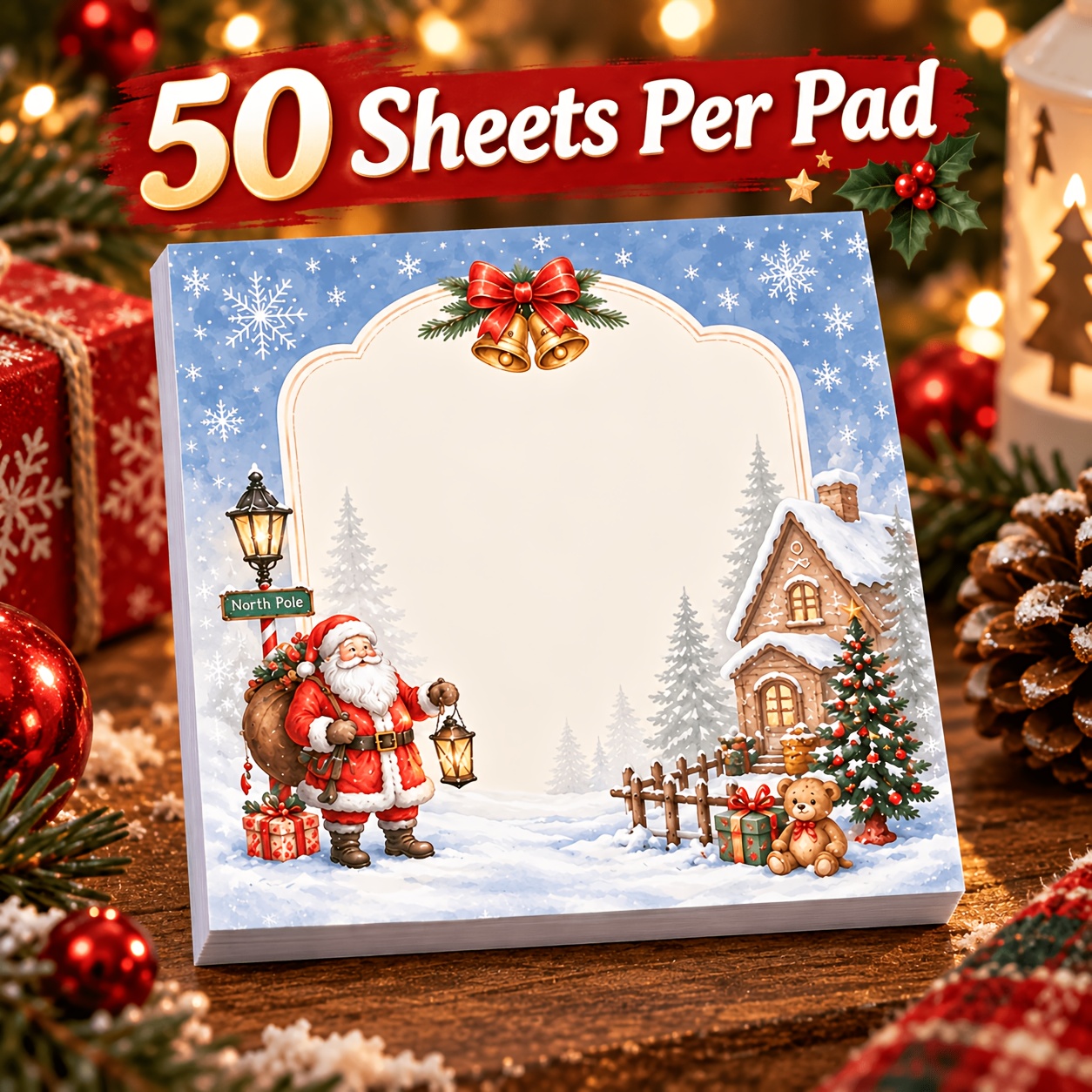 TEMU 1-pack Cute Santa Claus Christmas Sticky Notes, Winter Snow Scene Memo Pad, Holiday Reminder Note Tabs, Suitable For Study Desks, Christmas And