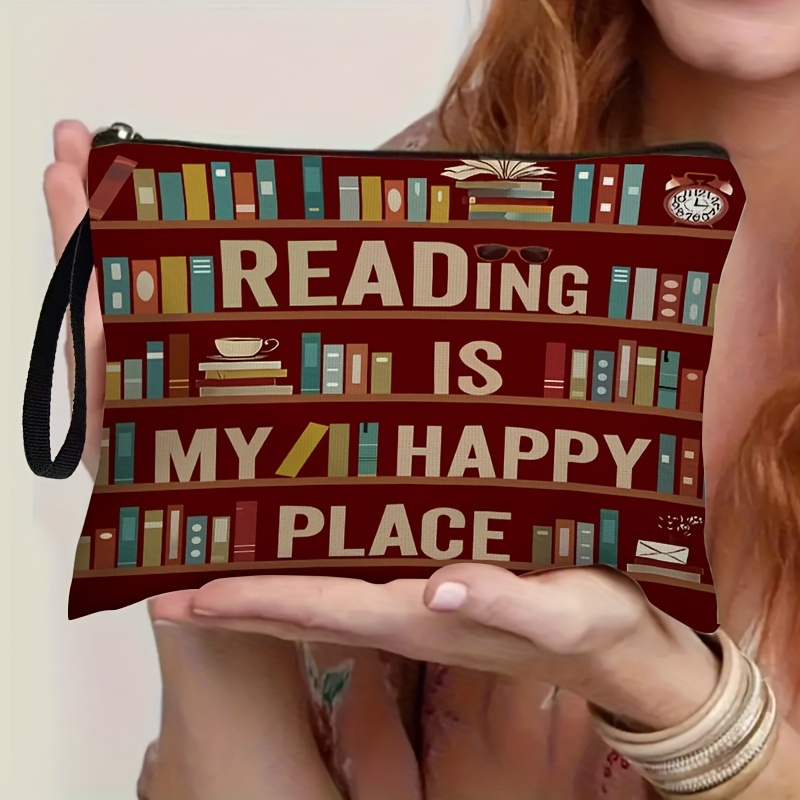 

Chic Brown Makeup Bag With Books & Alarm Clock Design - Polyester, Zippered Cosmetic Pouch For Travel & Daily Use - Ideal Gift For Readers, 6.7" X 9.9