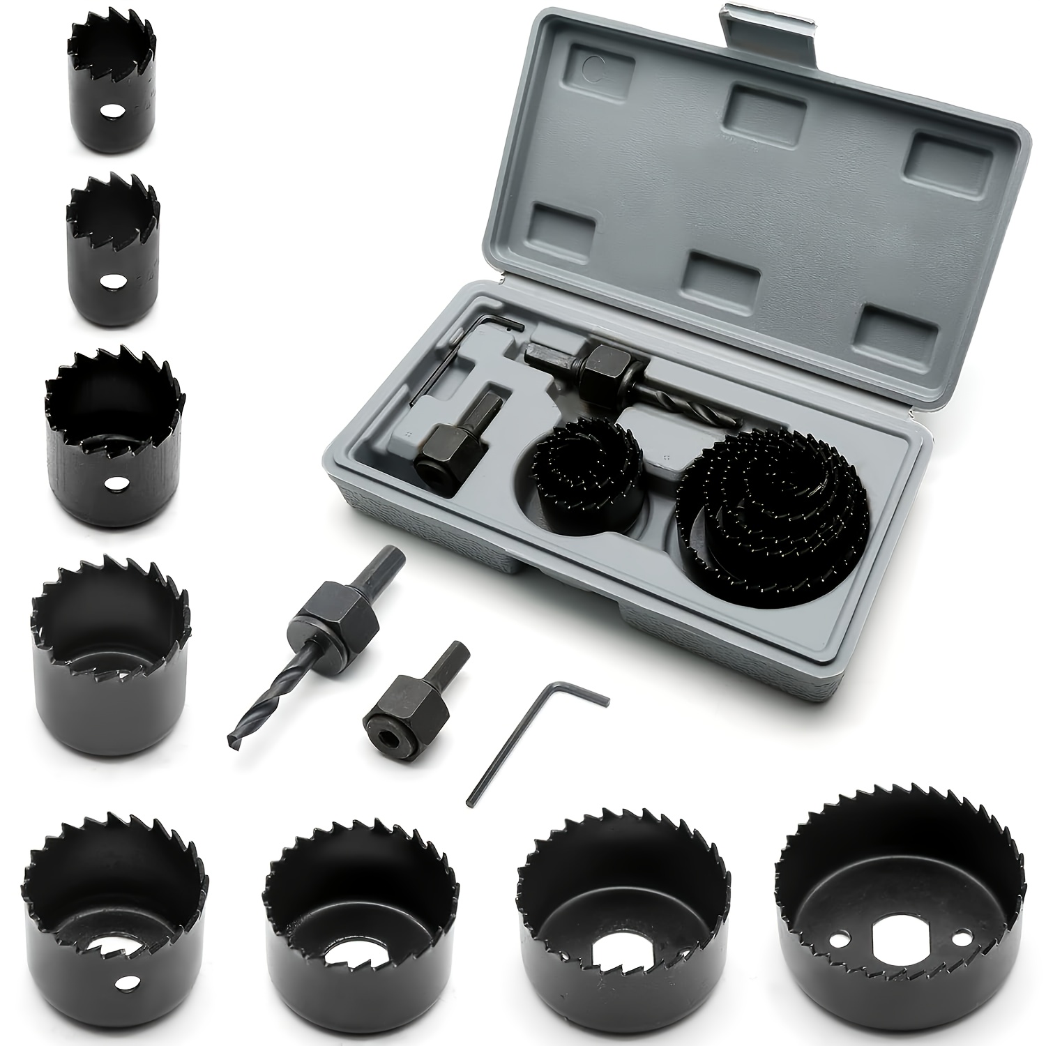 Image of 11pcs Kit, Includes 8 Sizes (3/4" To 2-1/2"), Arbors, Drill Bits, And Hex Key, Ideal For , Plywood, And Pvc (black)