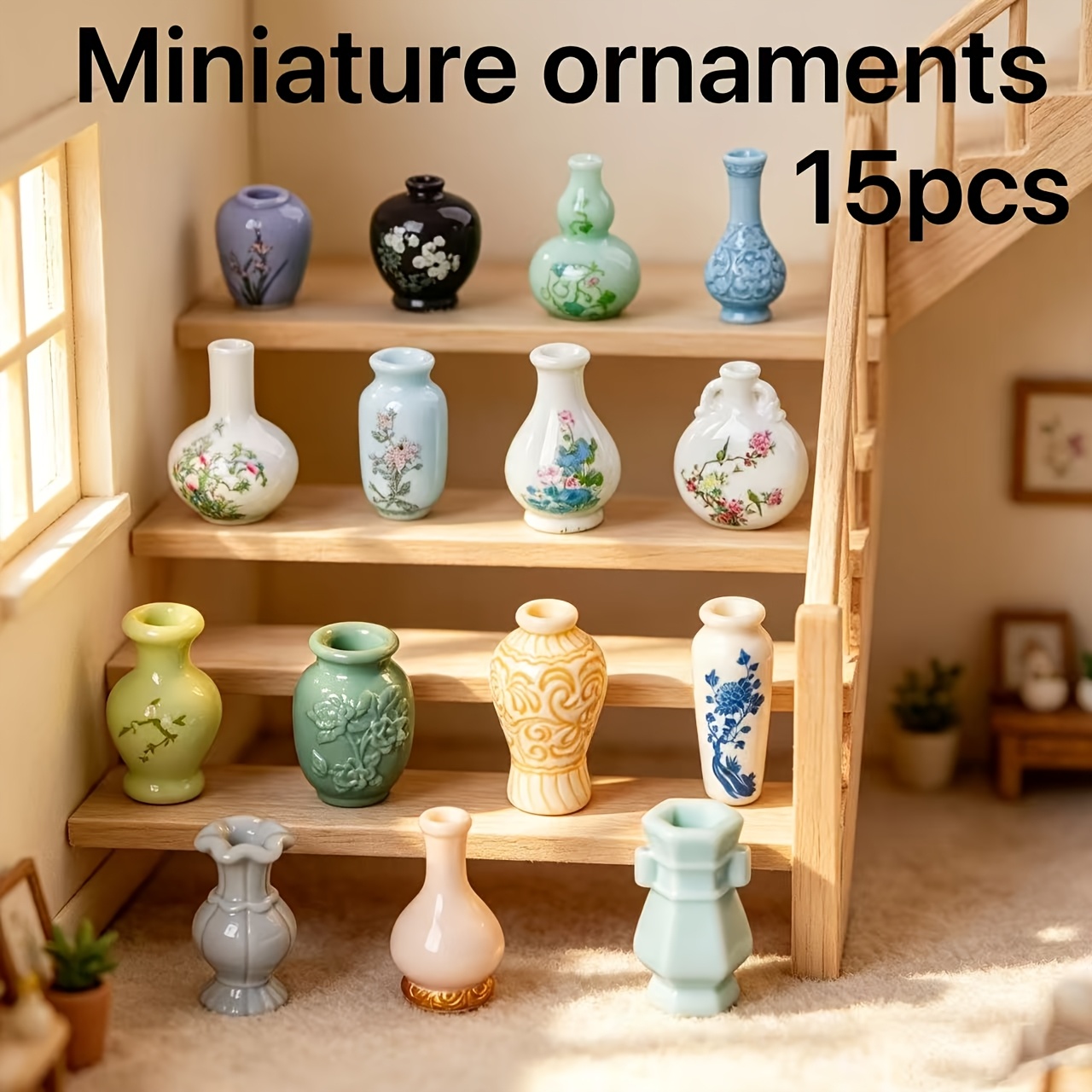 TEMU 15pcs Mini Resin Vase Ornaments, Ancient Style Painted Simulation Vases For Dollhouse Indoor Scene Additions, Compatible With 1:12 Miniature