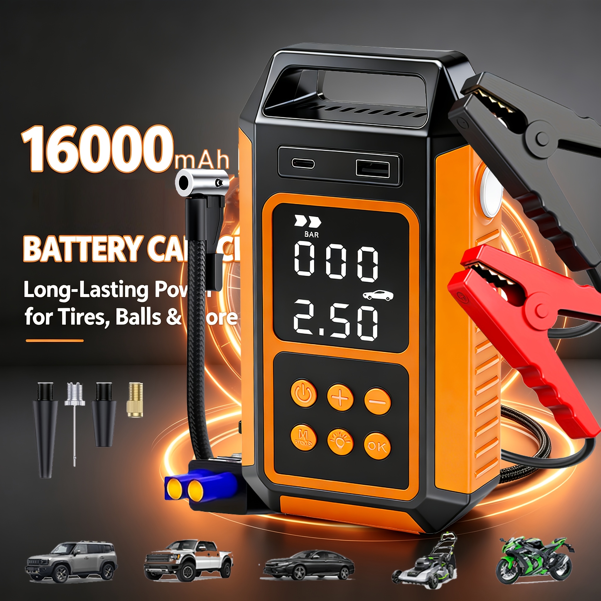 Image of 10000a Car Jump Starter With Air Compressor And Cordless Tire Inflator, Battery Booster With Power Bank And Led Flashlights, 12v Auto Jumper Gasoline Or 10.0l Vehicles, Dual Air Pressure Display