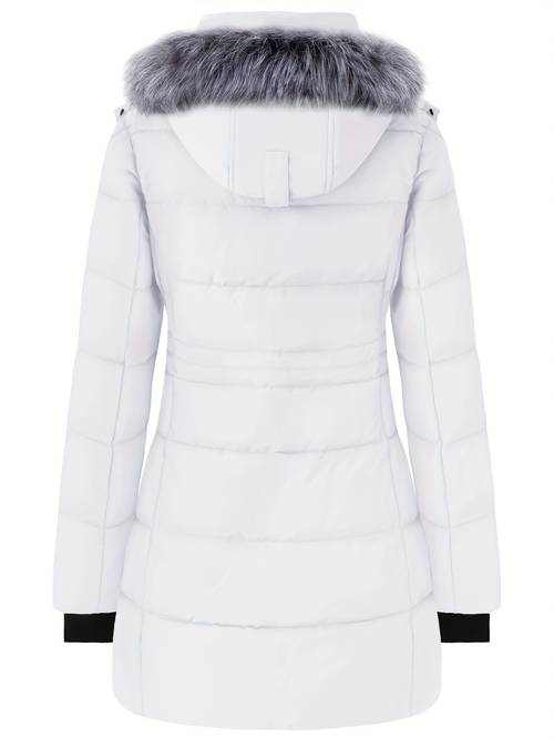 womens winter quilted puffer jacket solid casual mature outdoor travel hiking warm padded parka thick multiple pockets windproof cold durable thermal water resistant coats removable fur hat two way zipper adult outerwear