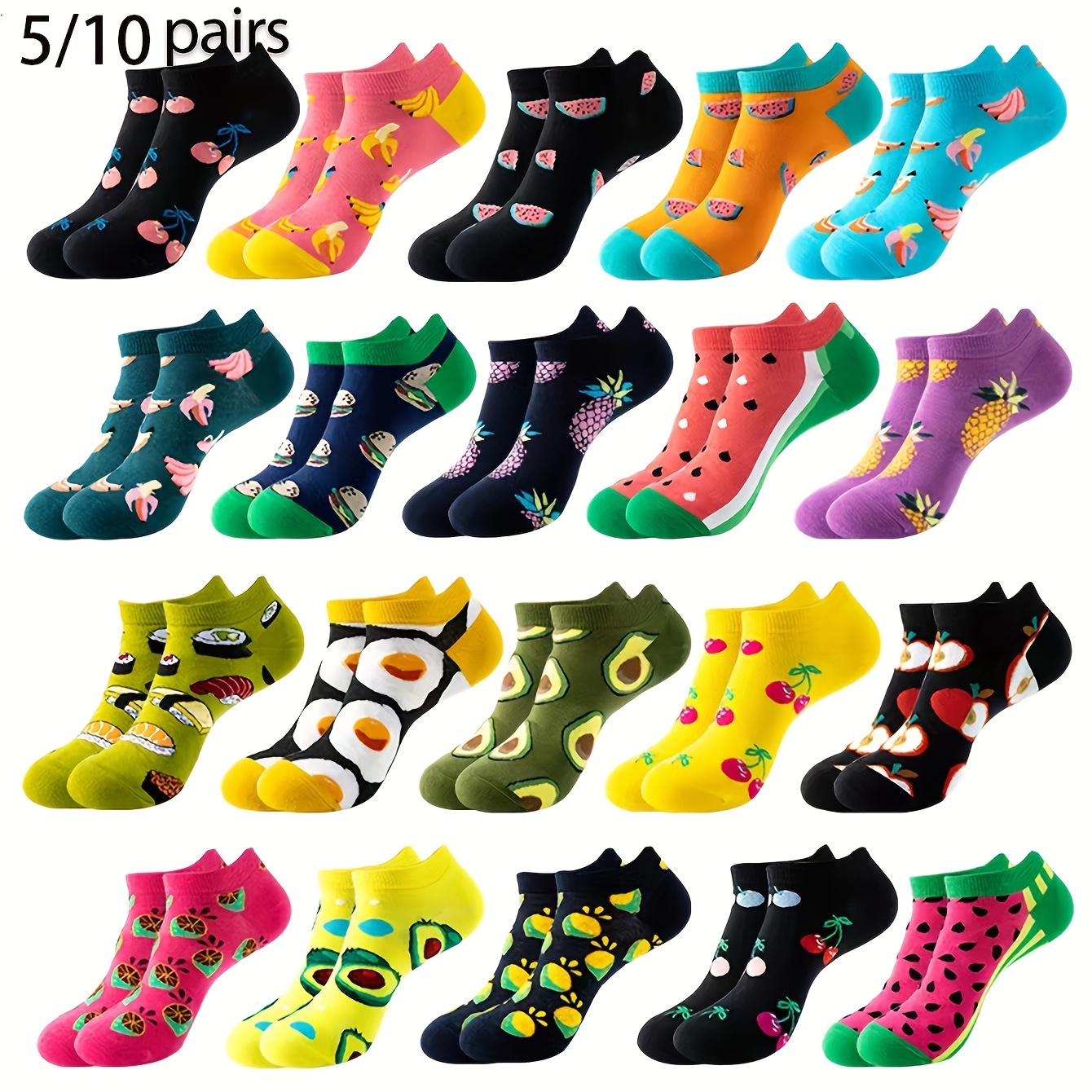 

Lot de 10 Paires/20 Paires de Chaussettes Tendance à Imprimé Burger Avocat Mignon, Confortables et Respirantes pour Jeunes