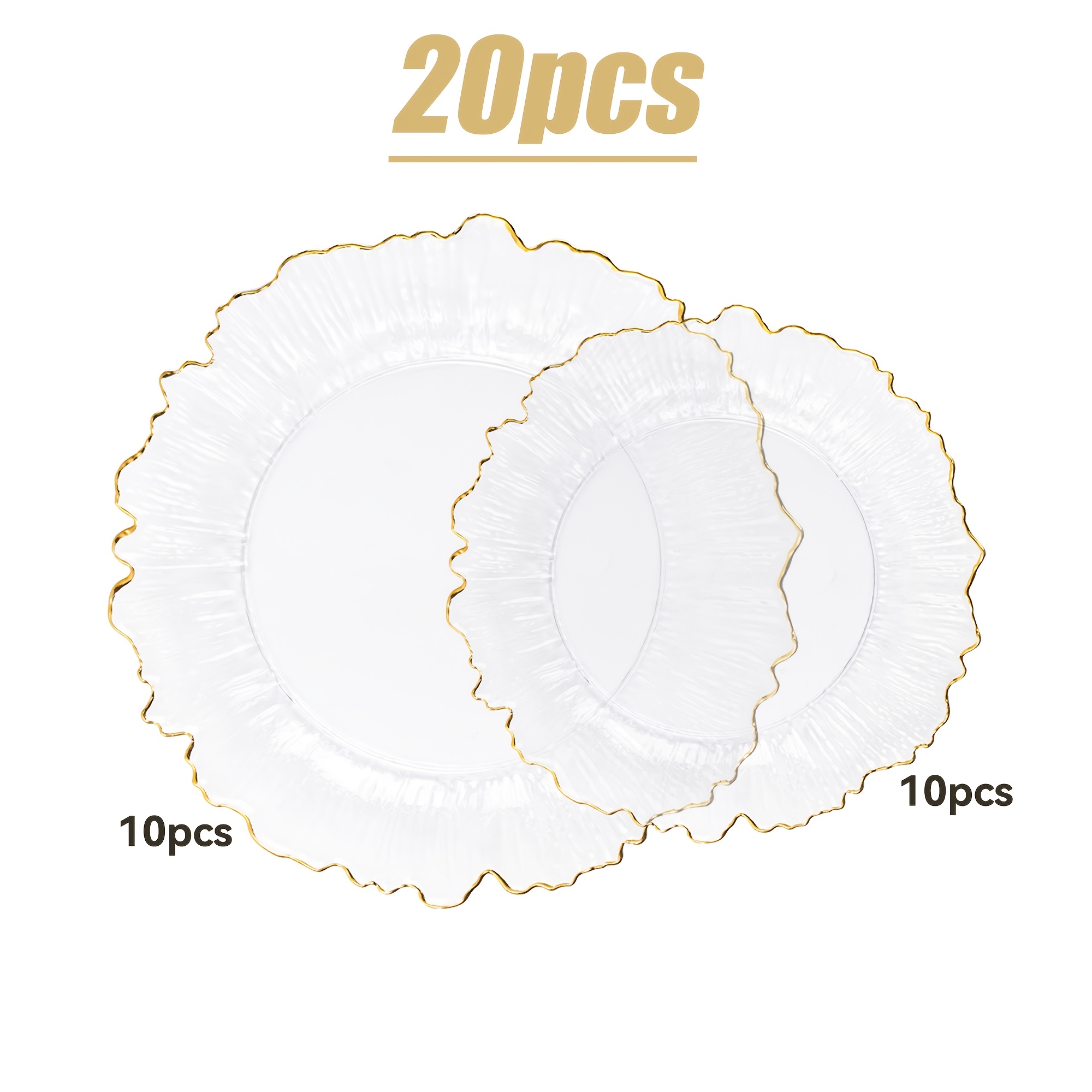 Image of 20pcs Set Of Transparent Plastic Plates With Golden Rims, Of Large And Small Dinner Plates, Ideal For Use , Holiday Dinners, Anniversaries, Birthday Parties, Hotels, And Other Occasions