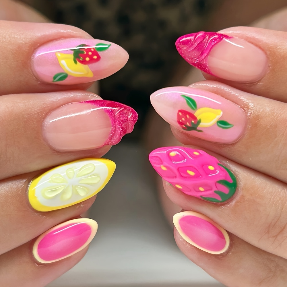 TEMU Upgrade Your Look. 24 Long Almond-shaped Wearable Acrylic 3d Relief Hand-painted Fruit Wearables. High-quality Designed Acrylic Nails. And