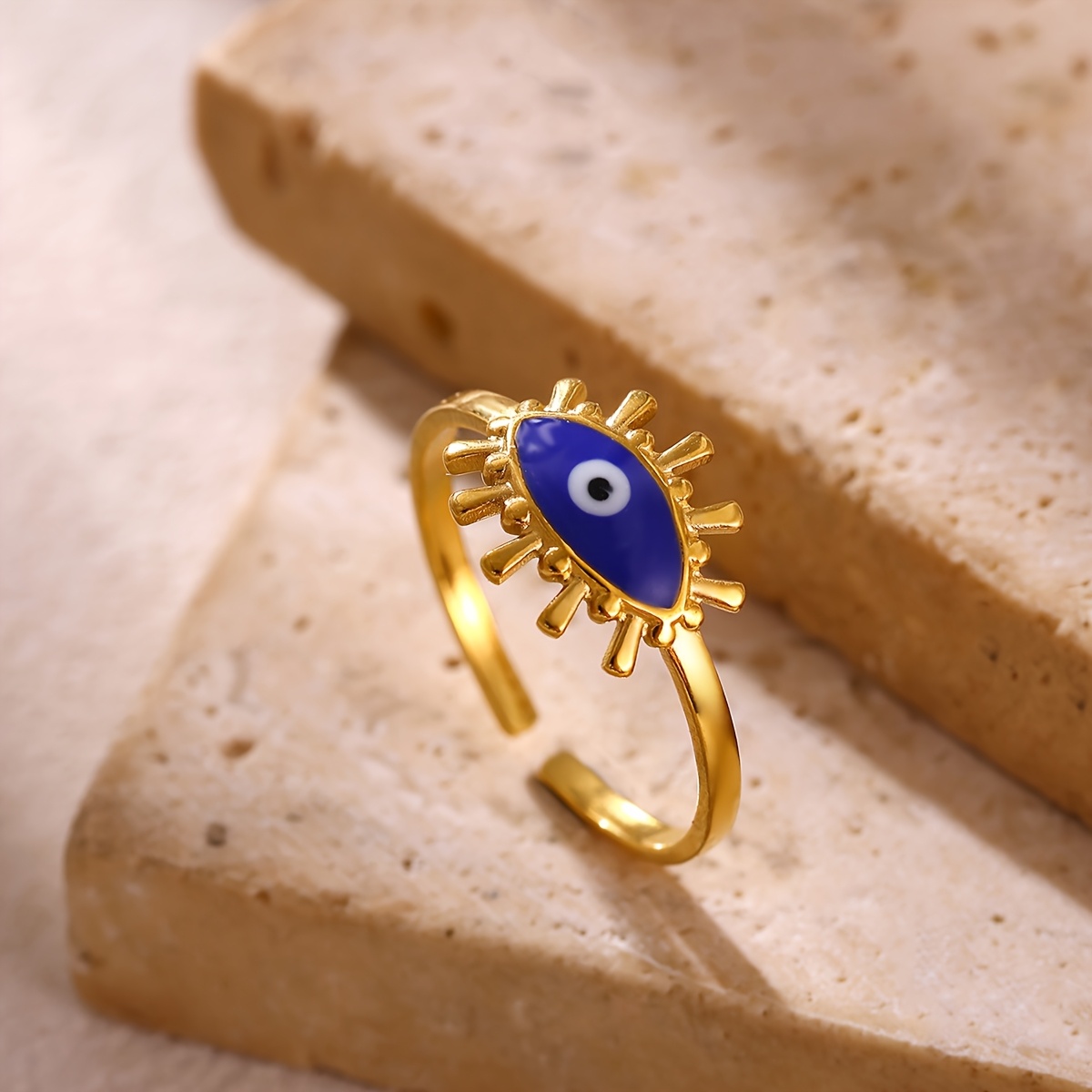 Blue Enamel Demon's Eye Open Ring, Stainless Steel
