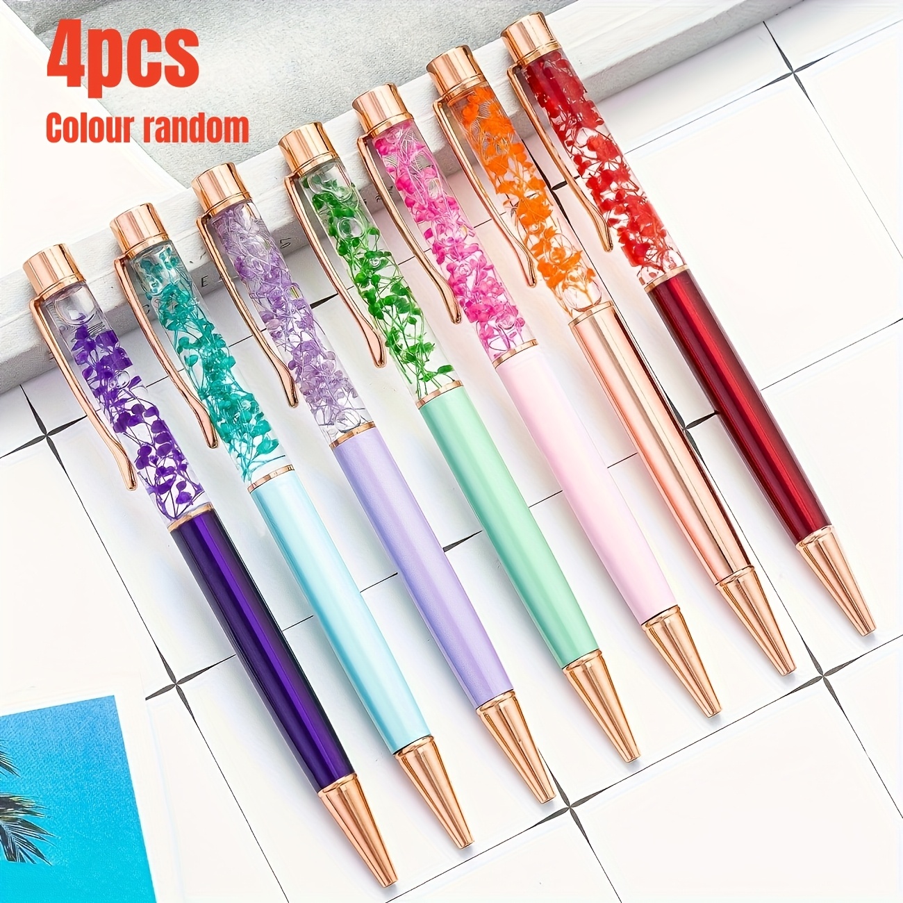 Image of 4pcs Ballpoint Pens, Random Colour Creative Oil-filled Dried Flower Pens In Stock, Household Flower Pens, Advertising Ballpoint Pens, Flower Ballpoint Pens