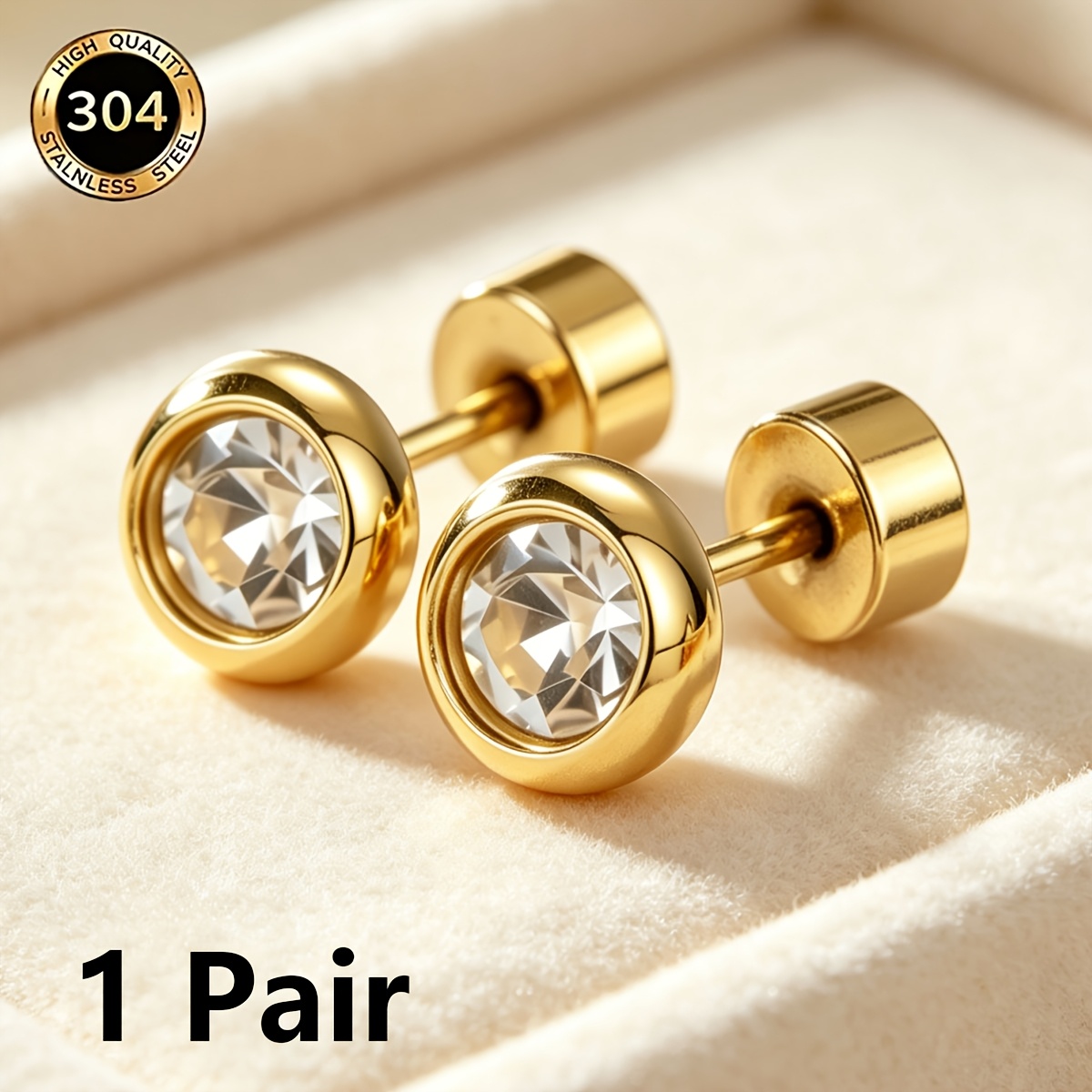 TEMU 1 Pair Of 304 Stainless Steel Round Inlaid Synthetic Synthetic Zirconia Stud Earrings, Flat Back Screw Ear Bone Studs, No-removal Earrings For