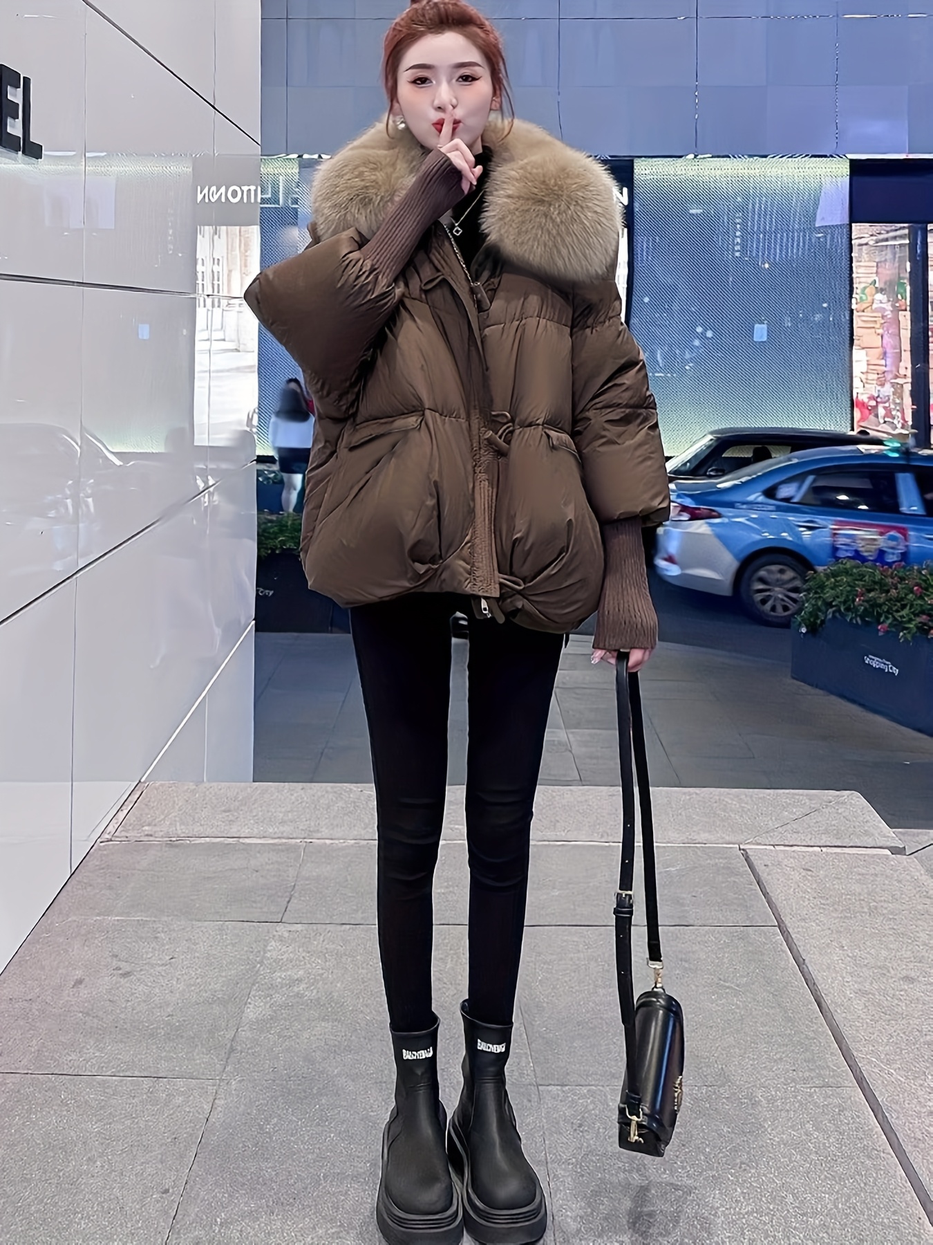womens loose fit winter coat with removable   fur hood thickened long sleeve casual jacket brown button   casual winter wear   fur hooded coat thickened coat