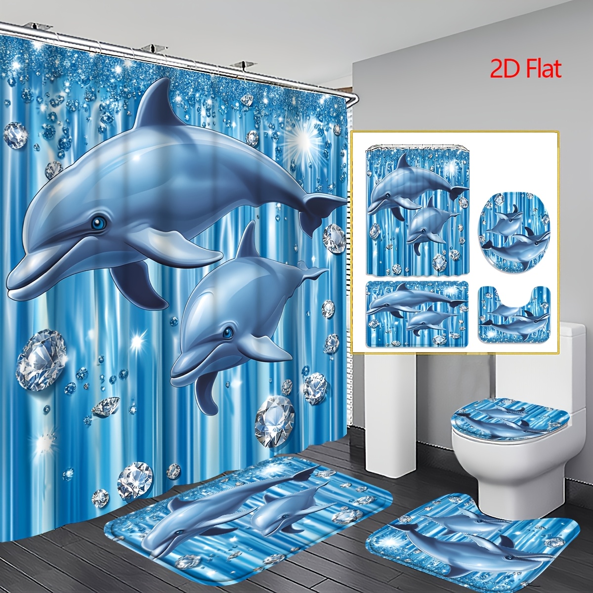 TEMU Juego de 4 cortinas de ducha 2D con diseño de de cristal, decoración de baño con tema de oceánico, de taza de baño de U ganchos, cortina de