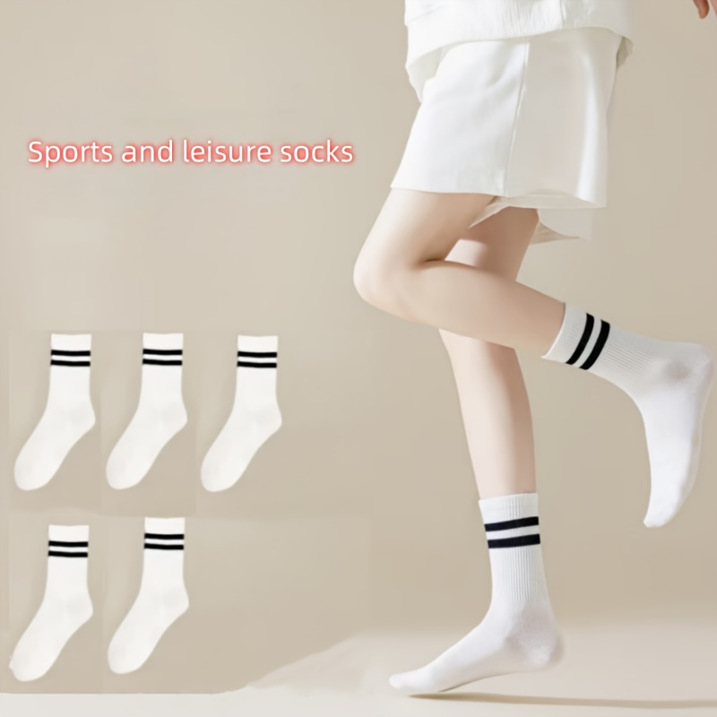 

5/10pcs White Striped Knee-high Socks - Warm, Athletic & Leisure, Polyester Blend, Machine Washable For All , Cute Socks