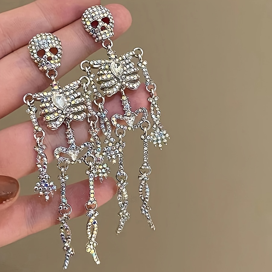 

Vintage Gothic Skeleton Rhinestone Chandelier Drop Earrings For Women, Uv Plated Alloy Skull Dangle Earrings, Non-feathered Fashion Statement Jewelry For & Festive Occasions - 1 Pair