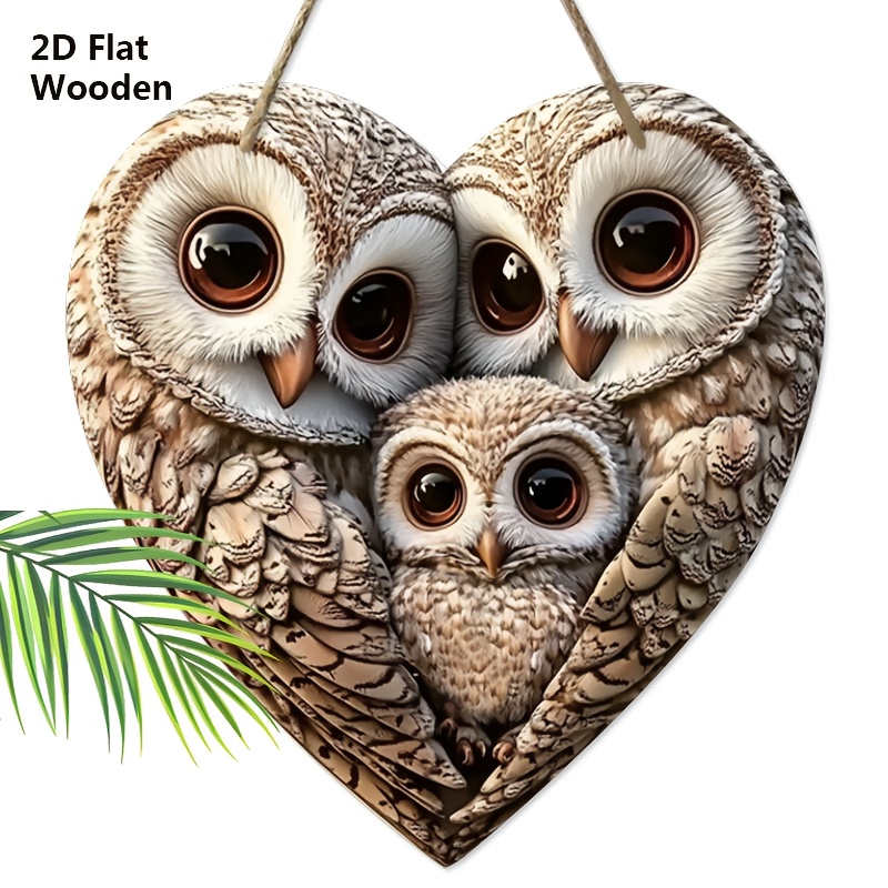 Image of 2d Flat, 2d Flat Adorable Owl Family Wooden Sign - 1pc Decorative Plaque With Heart-shaped Design - Ideal Ornament Sign For Front Door Wall Hanging Decor - Ideal Gift For , 2d Flat