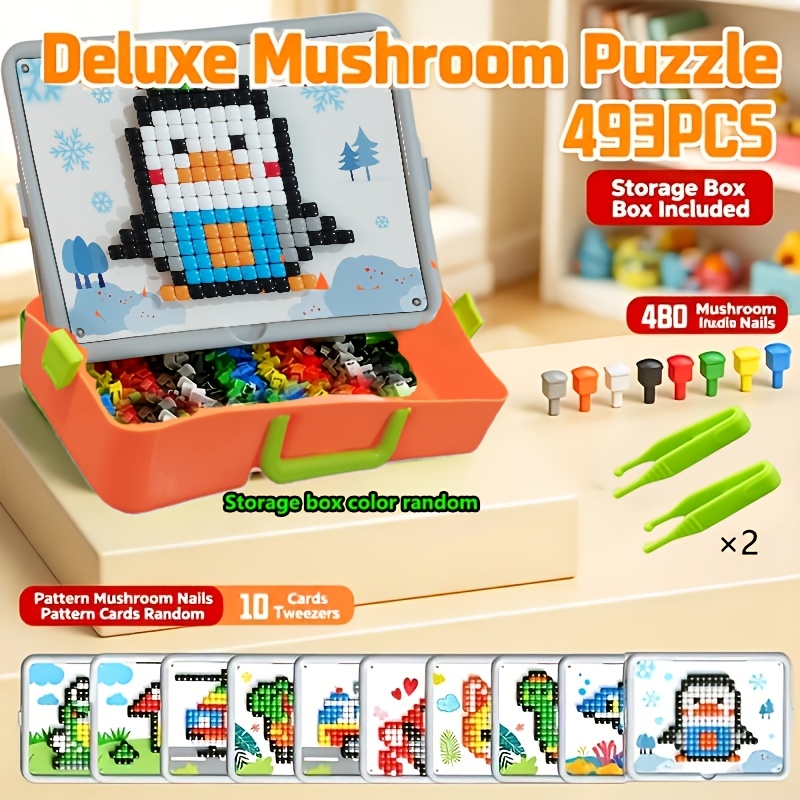 TEMU 493pcs Set Of New Mushroom Peg Puzzles, Creative Tabletop Brain Teasers, 8 Colors And 10pcs Cards, With Handheld Storage Box, Convenient For