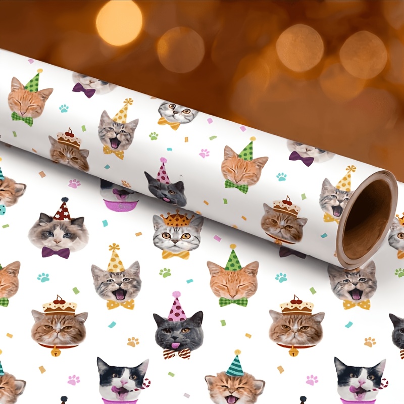 TEMU Rouleau de pour fête d'anniversaire de chat 17X118 pouces, grand format, grande capacité, papier d'emballage décoratif avec imprimé de chatons