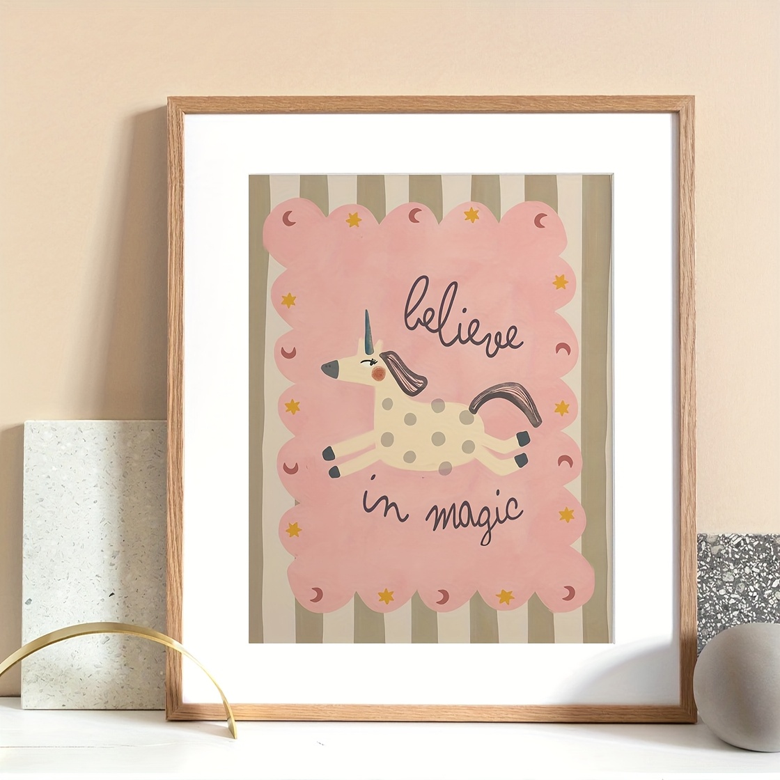 Image of 2d Flat, 1pc Unicorn Wall Art Poster - & Beige Room Decor With Cute Unicorn, "" - For Girls And Boys Rooms, Kids Bedroom, Living Room, Office - Birthday Or Housewarming Gift
